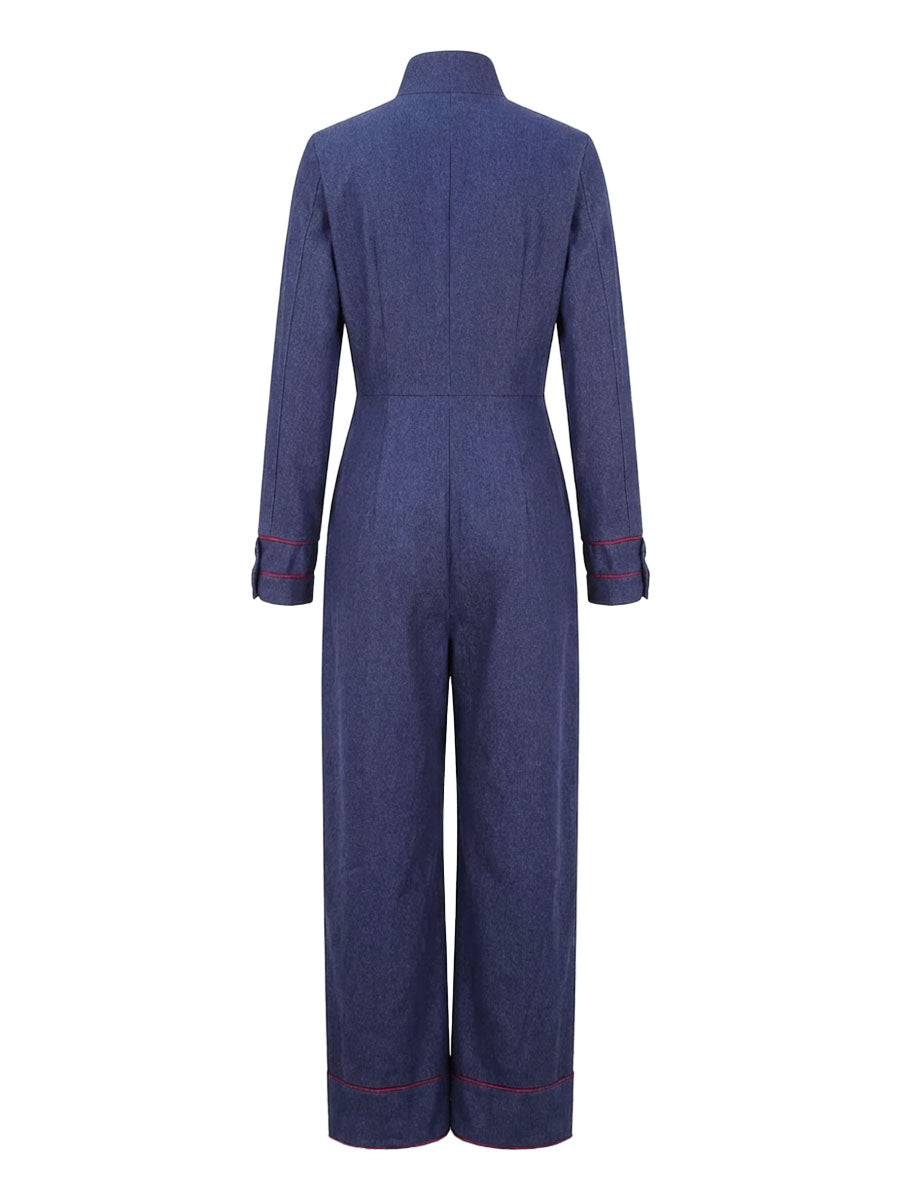 Women's Denim Wide Leg Stand Collar Jumpsuit