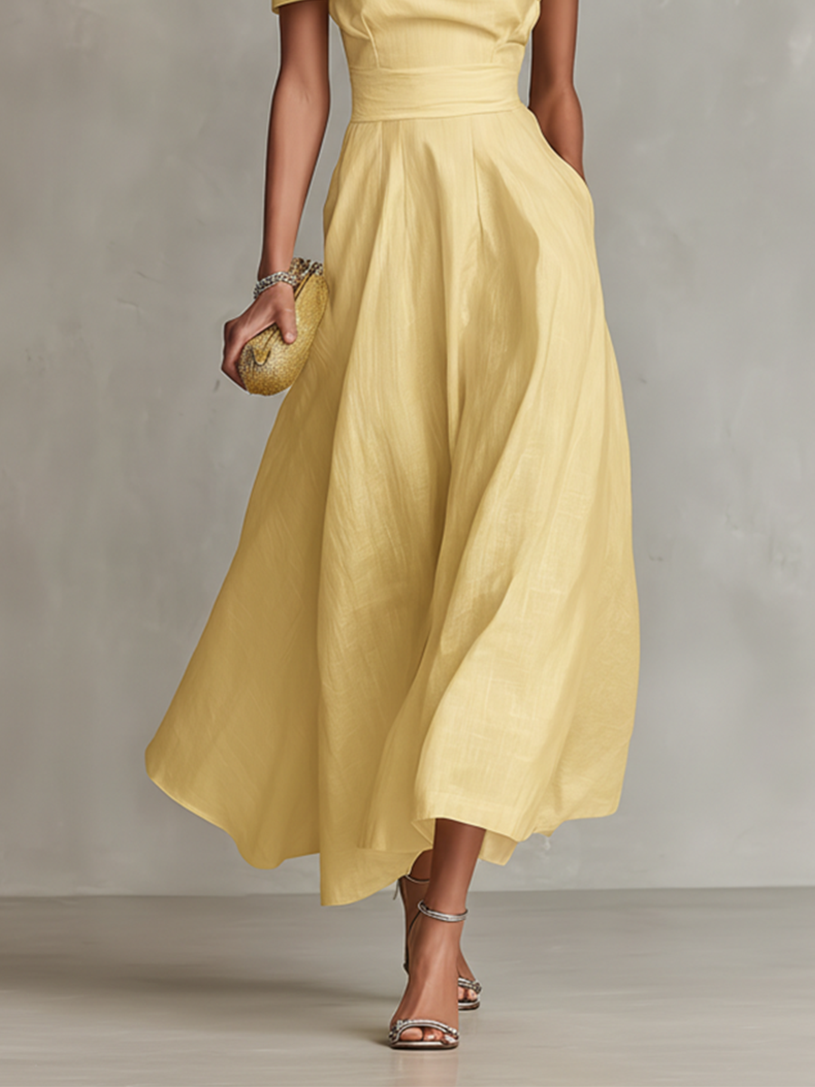 Women's One-Shoulder Linen Midi Dress – Fitted Waist
