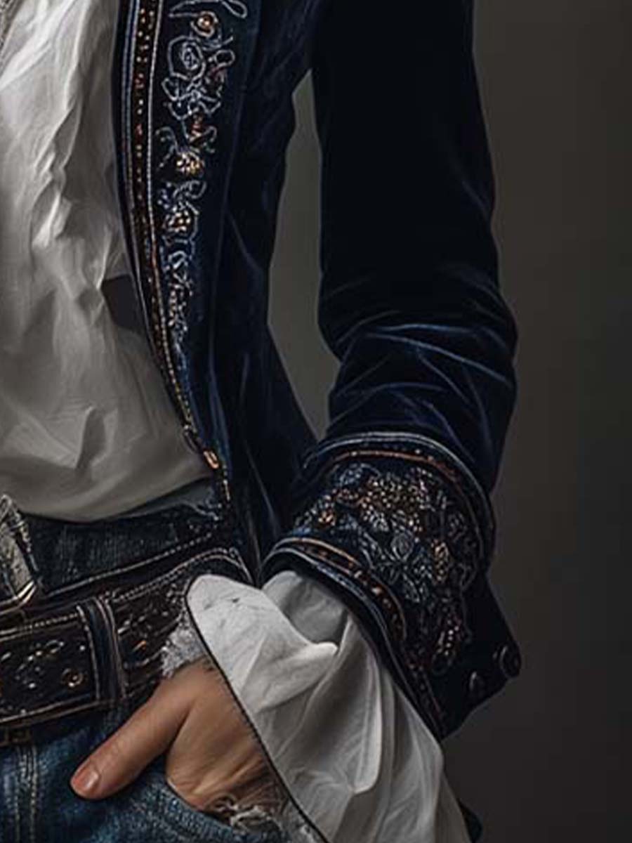 Women's Floral Embroidered Velvet Long Jacket