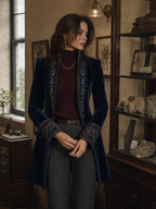 Women's Floral Embroidered Velvet Long Jacket