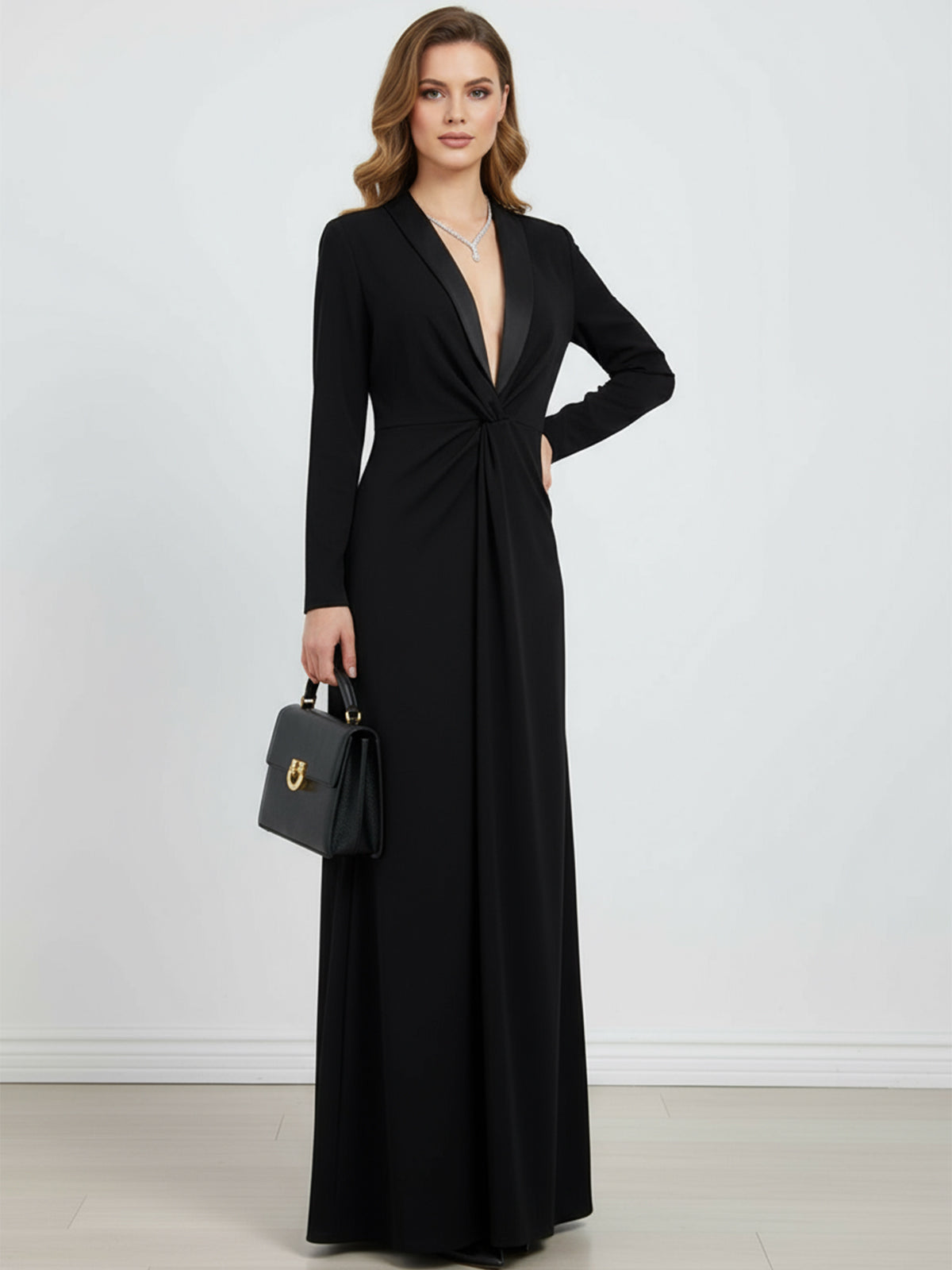 Women's Deep V-Neck Long Sleeve Maxi Dress