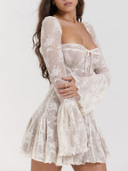 Women's Sheer Lace Long Sleeve Mini Dress