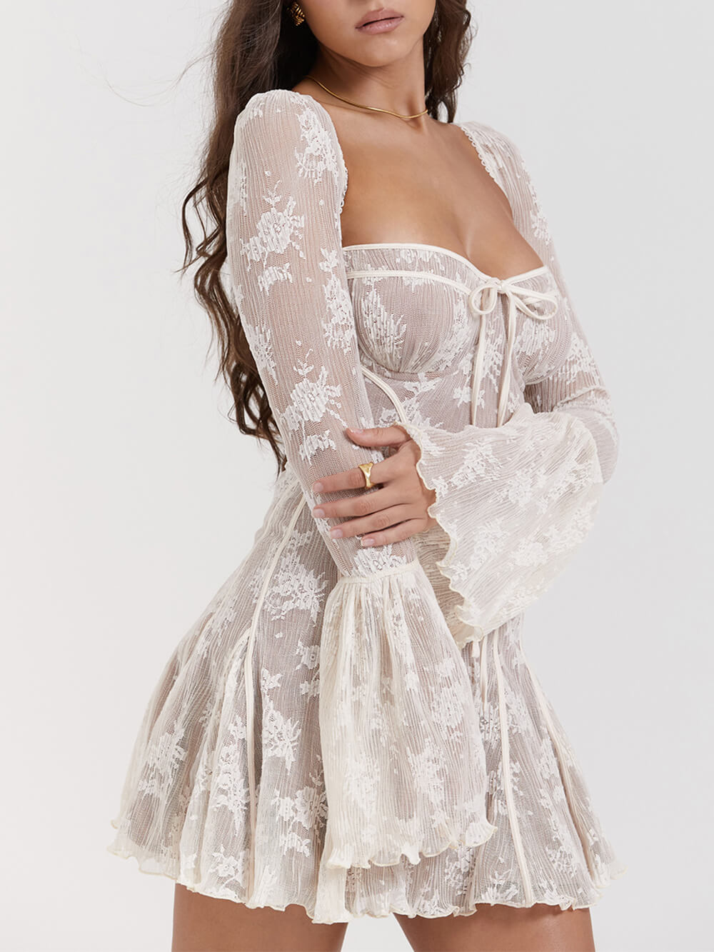 Women's Sheer Lace Long Sleeve Mini Dress