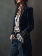 Women's Floral Embroidered Velvet Long Jacket