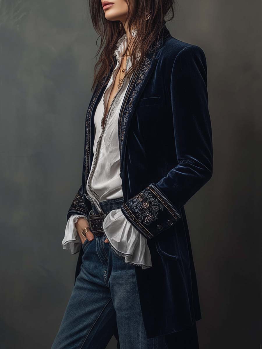 Women's Floral Embroidered Velvet Long Jacket