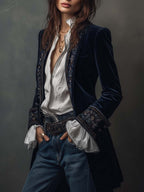 Women's Floral Embroidered Velvet Long Jacket