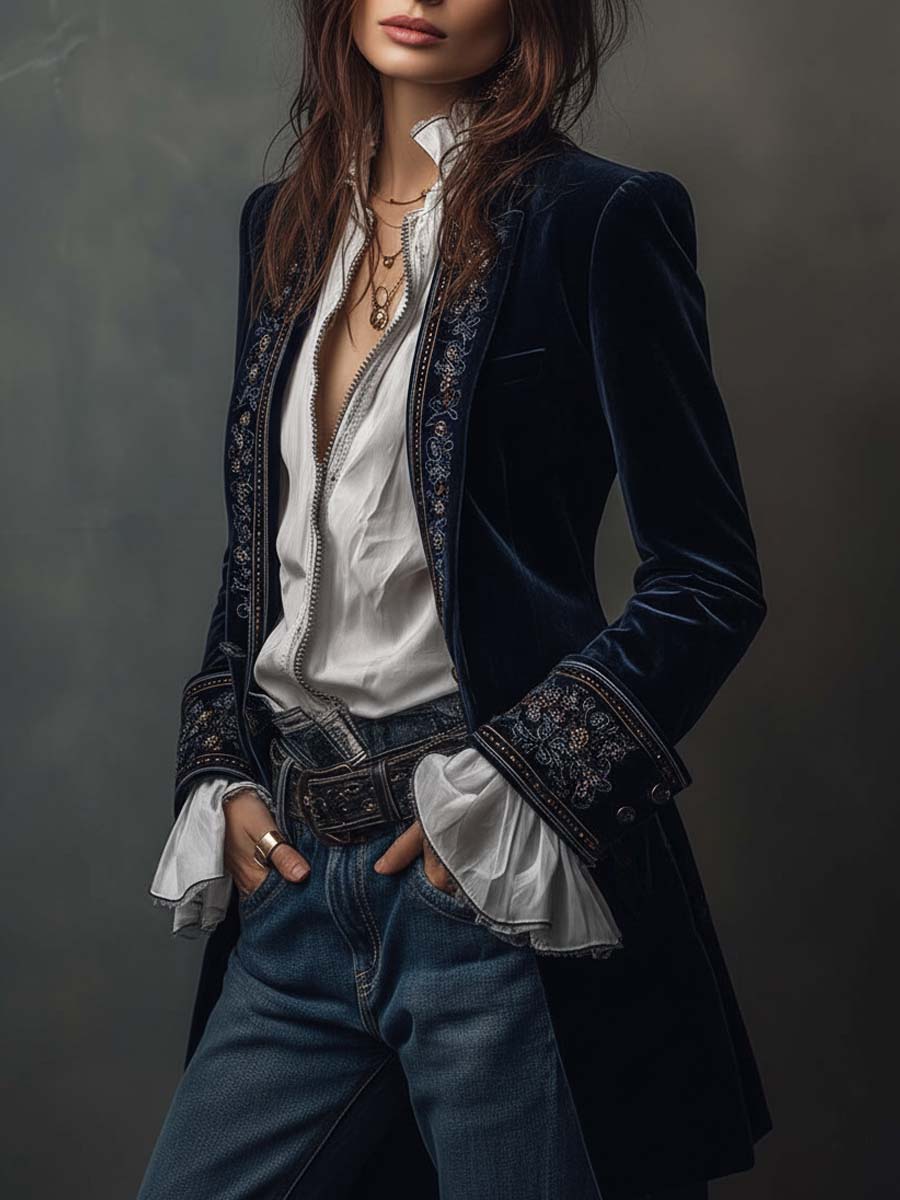 Women's Floral Embroidered Velvet Long Jacket