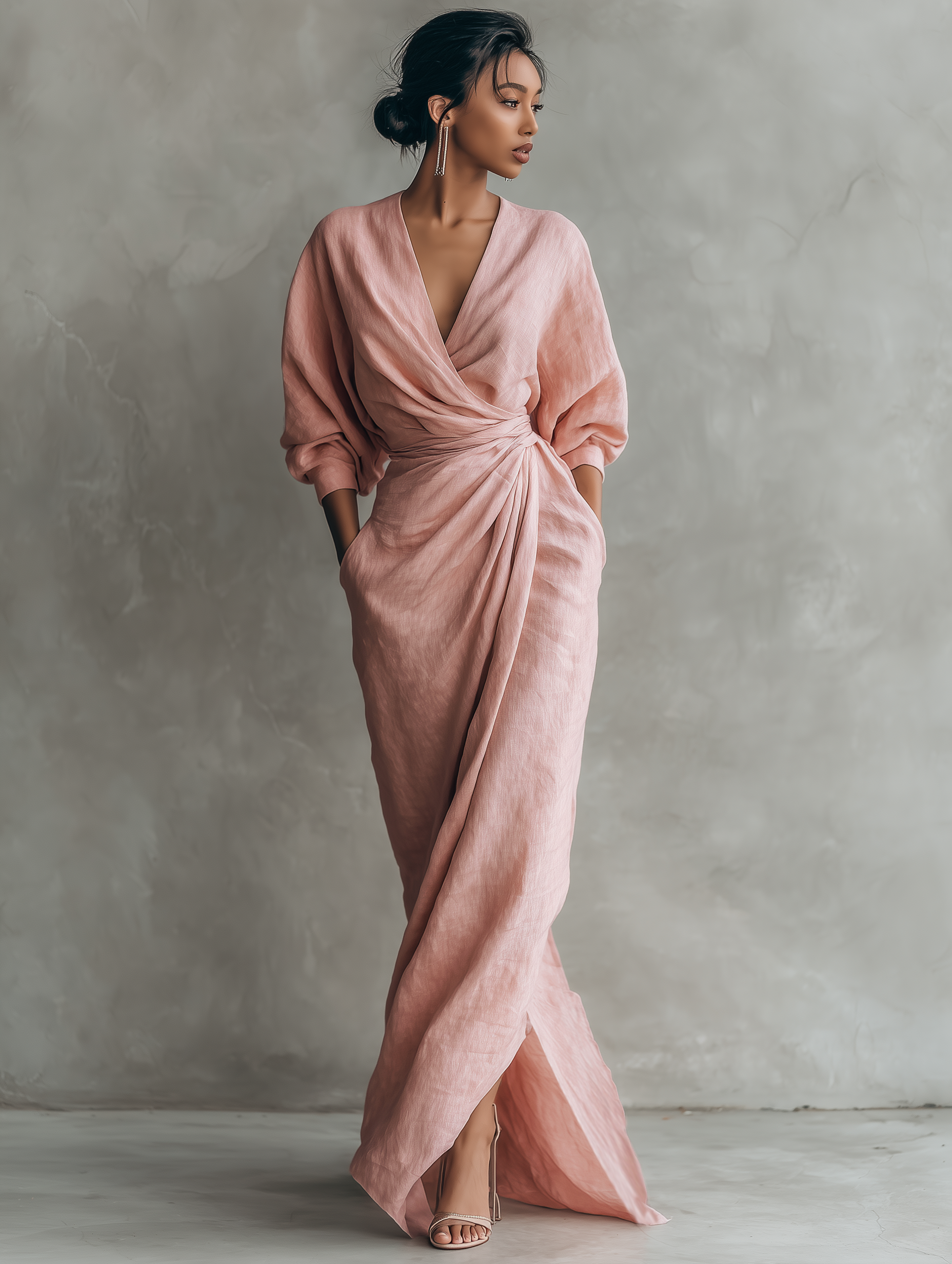 Women's Elegant Wrap V-Neck Linen Maxi Dress