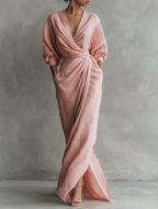 Women's Elegant Wrap V-Neck Linen Maxi Dress