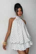 Daisy | Polka Dot Halter Mini Dress - Backless Lace-Up Flared