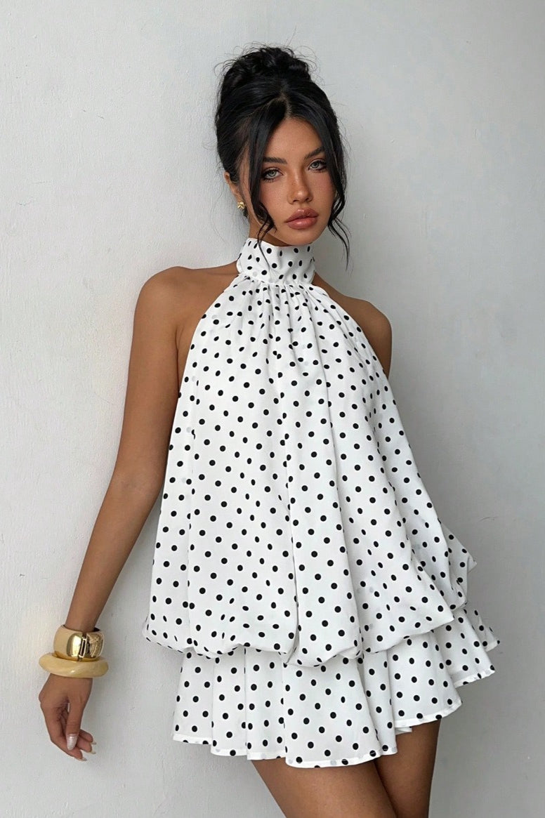 Daisy | Polka Dot Halter Mini Dress - Backless Lace-Up Flared