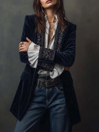 Women's Floral Embroidered Velvet Long Jacket