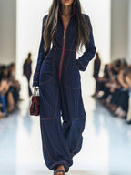 Women's Denim Wide Leg Stand Collar Jumpsuit