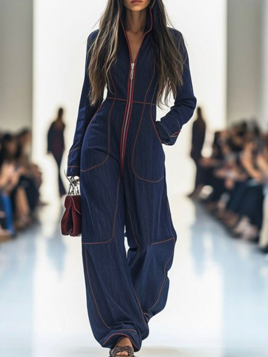 Women's Denim Wide Leg Stand Collar Jumpsuit