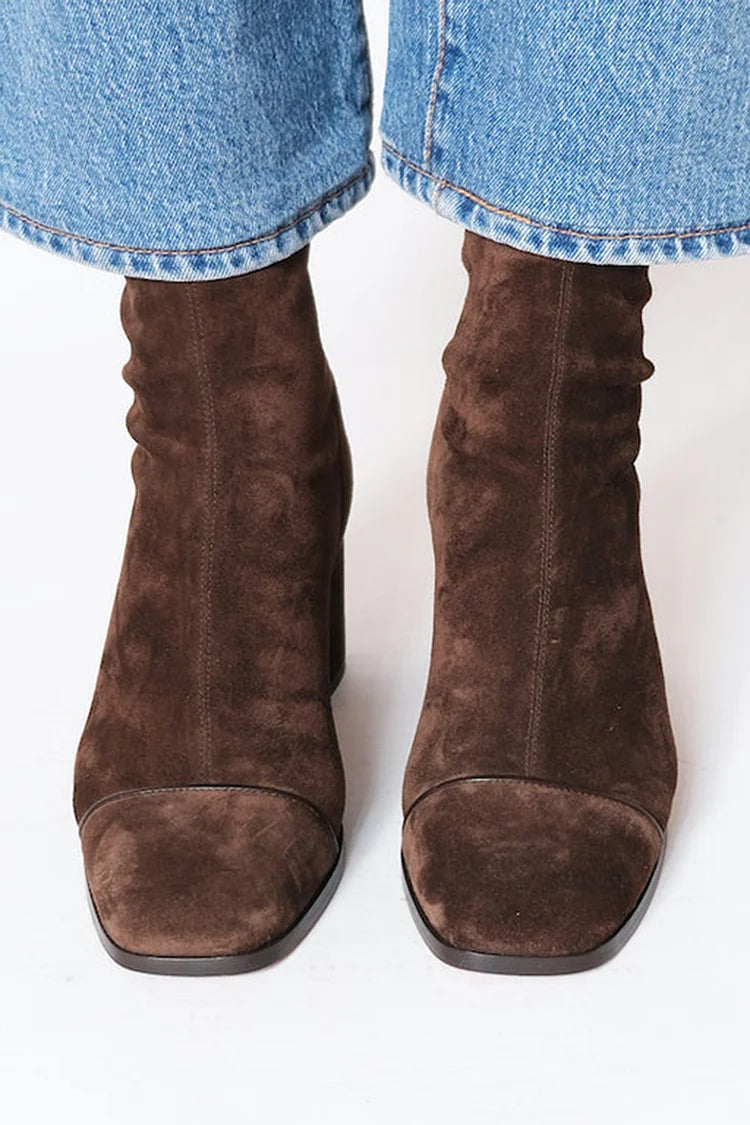 Women's Suede Boots - Square Toe Heeled