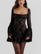 Women's Sheer Lace Long Sleeve Mini Dress