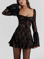 Women's Sheer Lace Long Sleeve Mini Dress
