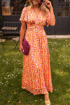 Ava Floral Maxi Dress – V-Neck, Short Sleeve