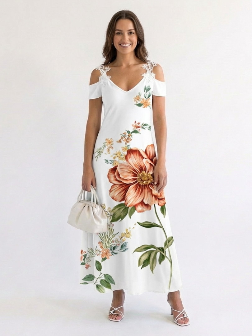 Camila | White Floral Off-Shoulder A-Line Maxi Dress