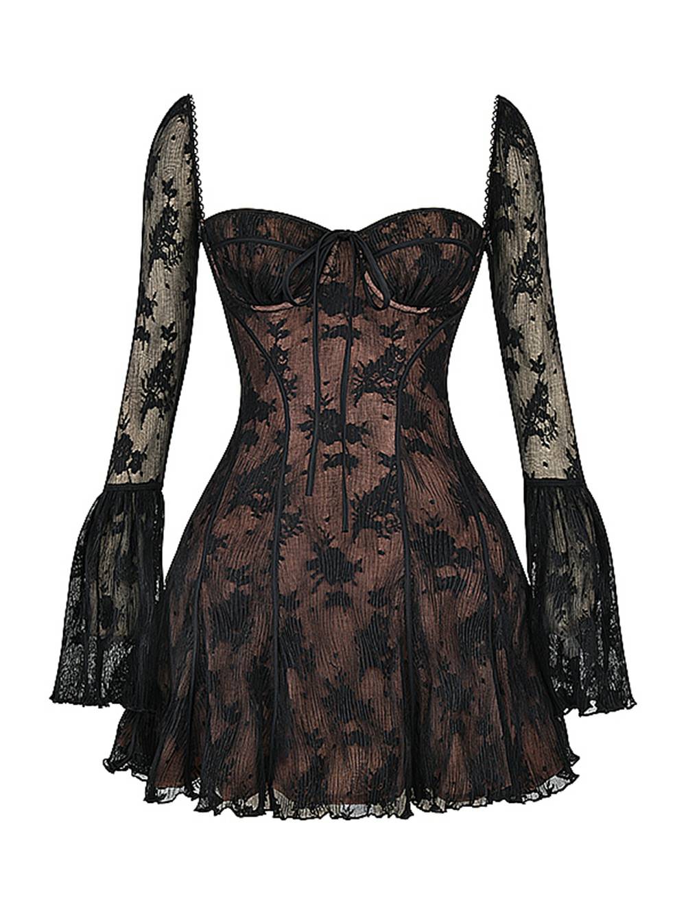 Women's Sheer Lace Long Sleeve Mini Dress