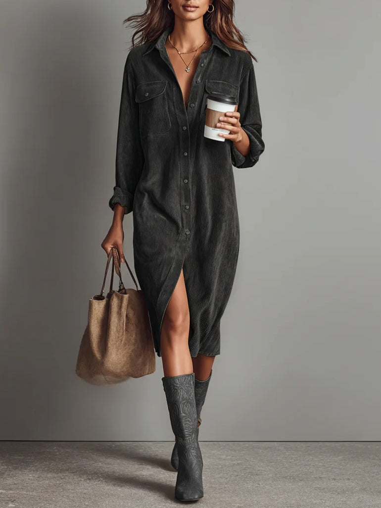 Women's Corduroy Double Pocket Midi Dress