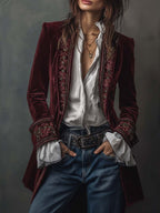 Women's Floral Embroidered Velvet Long Jacket