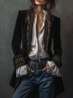 Women's Floral Embroidered Velvet Long Jacket