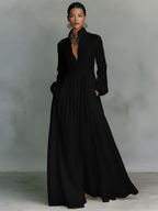 Women's Linen Maxi Dress – Stand Collar, Long Sleeve