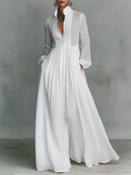 Women's Linen Maxi Dress – Stand Collar, Long Sleeve
