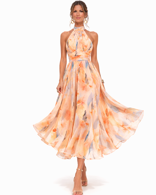 Aurora Watercolour Print Halter Neck Dress