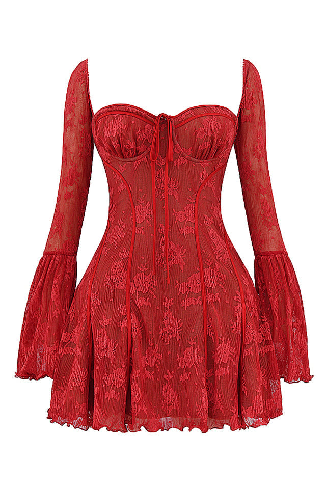 Women's Sheer Lace Long Sleeve Mini Dress