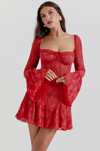 Women's Sheer Lace Long Sleeve Mini Dress