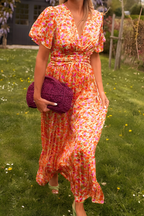 Ava Floral Maxi Dress – V-Neck, Short Sleeve