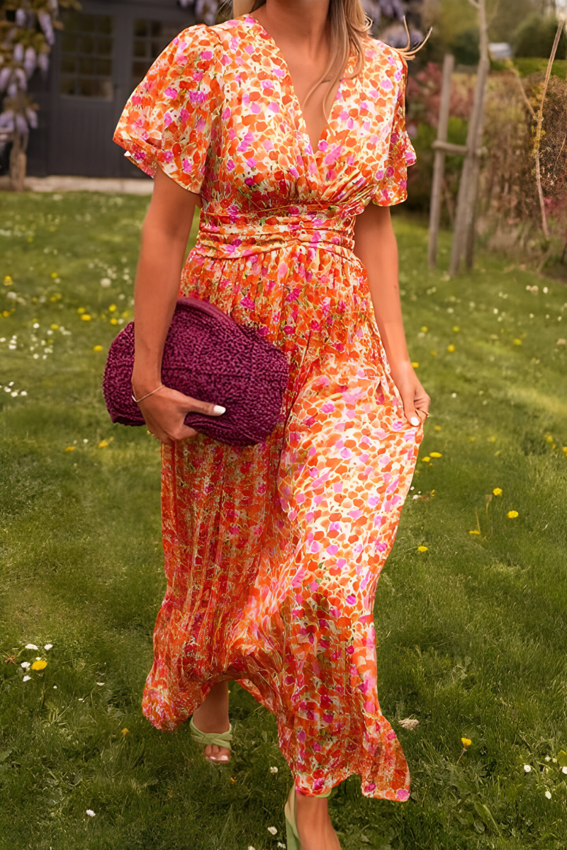 Ava Floral Maxi Dress – V-Neck, Short Sleeve