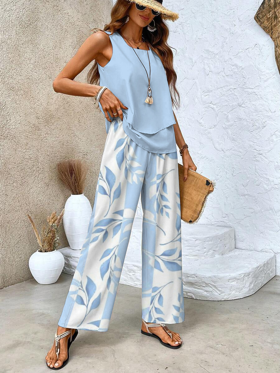 Abigail Two-Piece Set – Sleeveless Blouse, Wide-Leg Pants