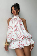 Daisy | Polka Dot Halter Mini Dress - Backless Lace-Up Flared