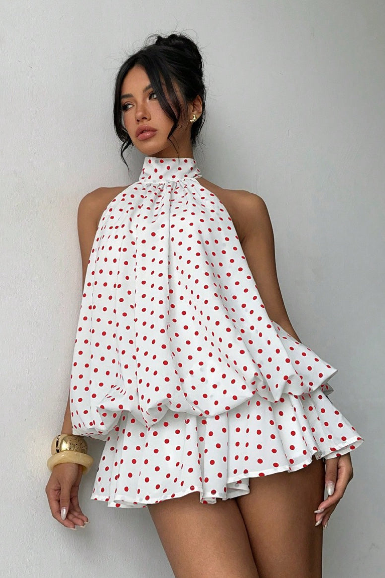 Daisy | Polka Dot Halter Mini Dress - Backless Lace-Up Flared