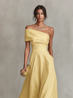 Women's One-Shoulder Linen Midi Dress – Fitted Waist