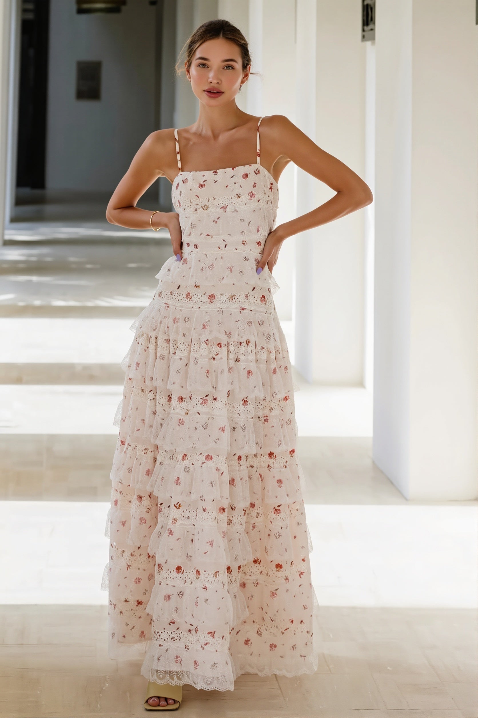 Maya | Tiered Long Sleeve Maxi Dress - Crochet Lace Trim & Ruffle Hem