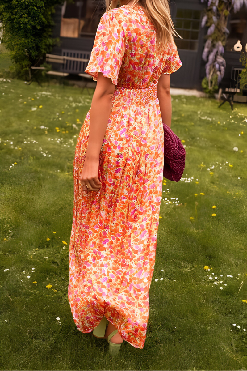 Ava Floral Maxi Dress – V-Neck, Short Sleeve