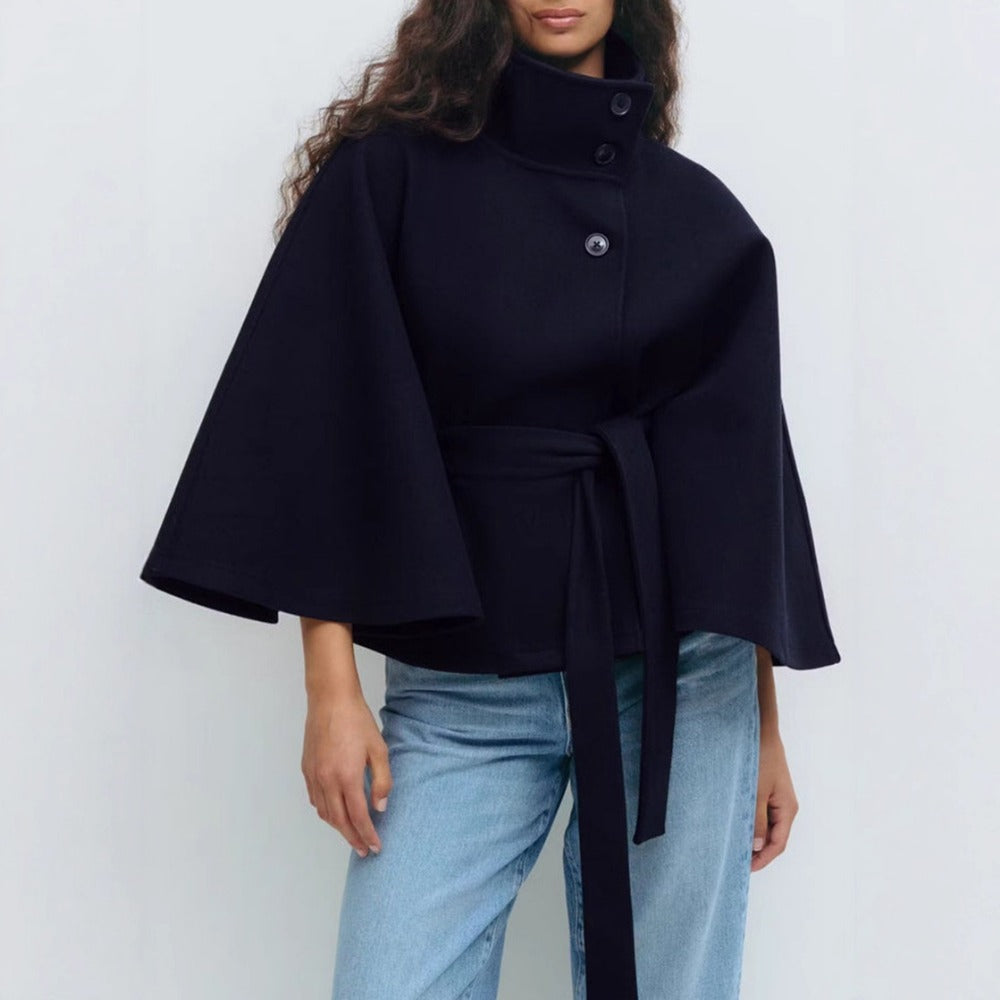Women's Belted High Collar Cape Coat
