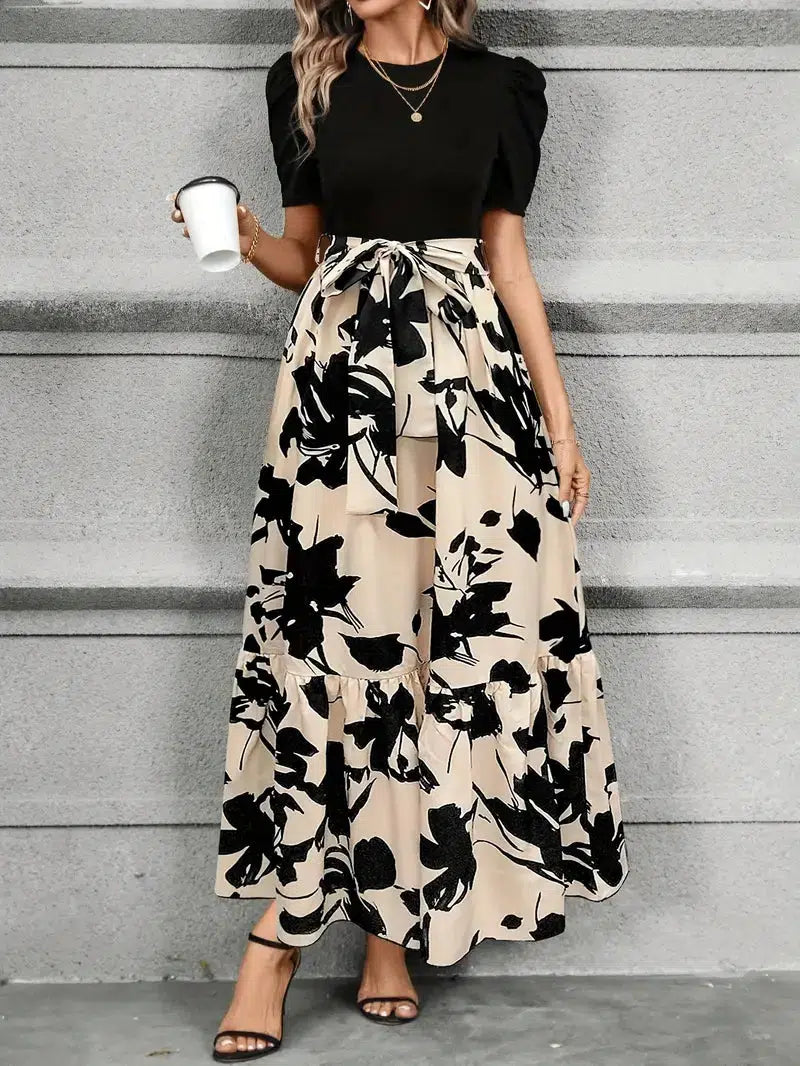 Hannah Floral Print Maxi Dress – High-Waisted Tie Front, A-Line