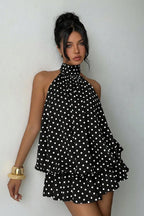 Daisy | Polka Dot Halter Mini Dress - Backless Lace-Up Flared