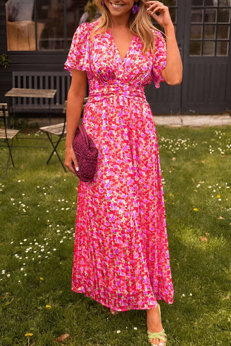 Ava Floral Maxi Dress – V-Neck, Short Sleeve