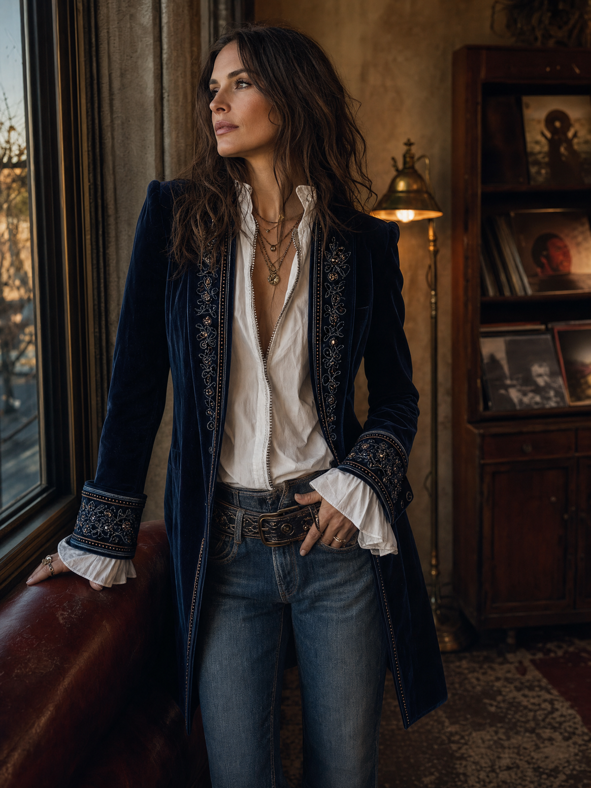 Women's Floral Embroidered Velvet Long Jacket