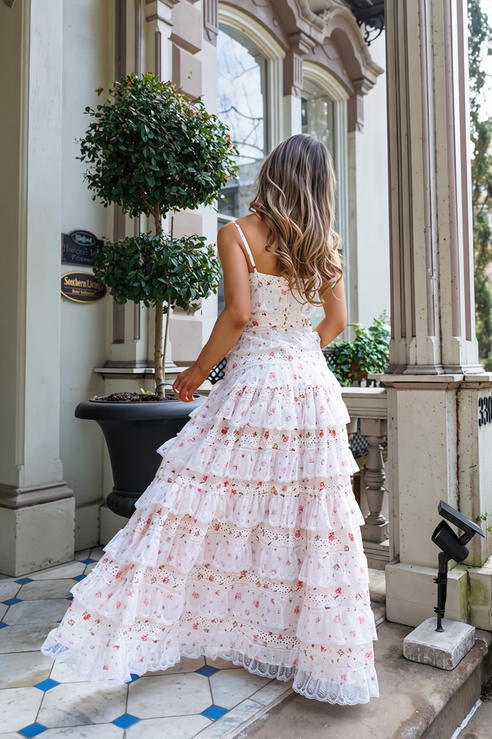 Maya | Tiered Long Sleeve Maxi Dress - Crochet Lace Trim & Ruffle Hem