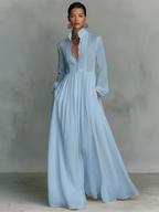 Women's Linen Maxi Dress – Stand Collar, Long Sleeve