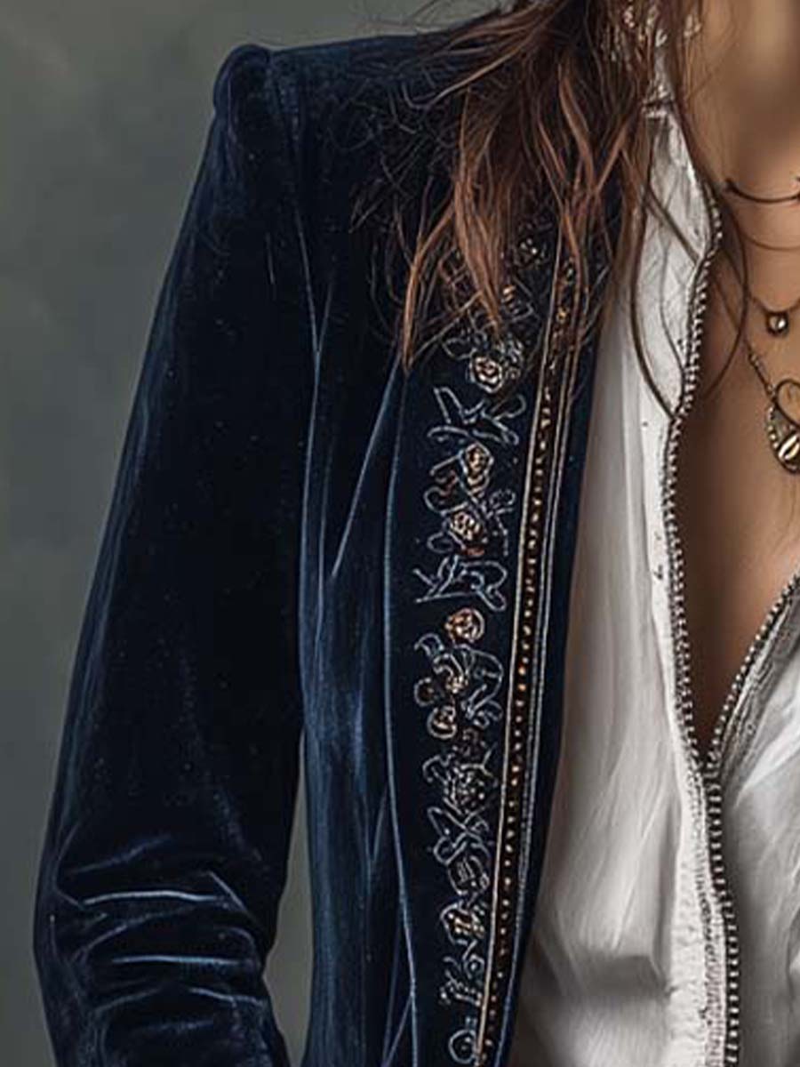 Women's Floral Embroidered Velvet Long Jacket