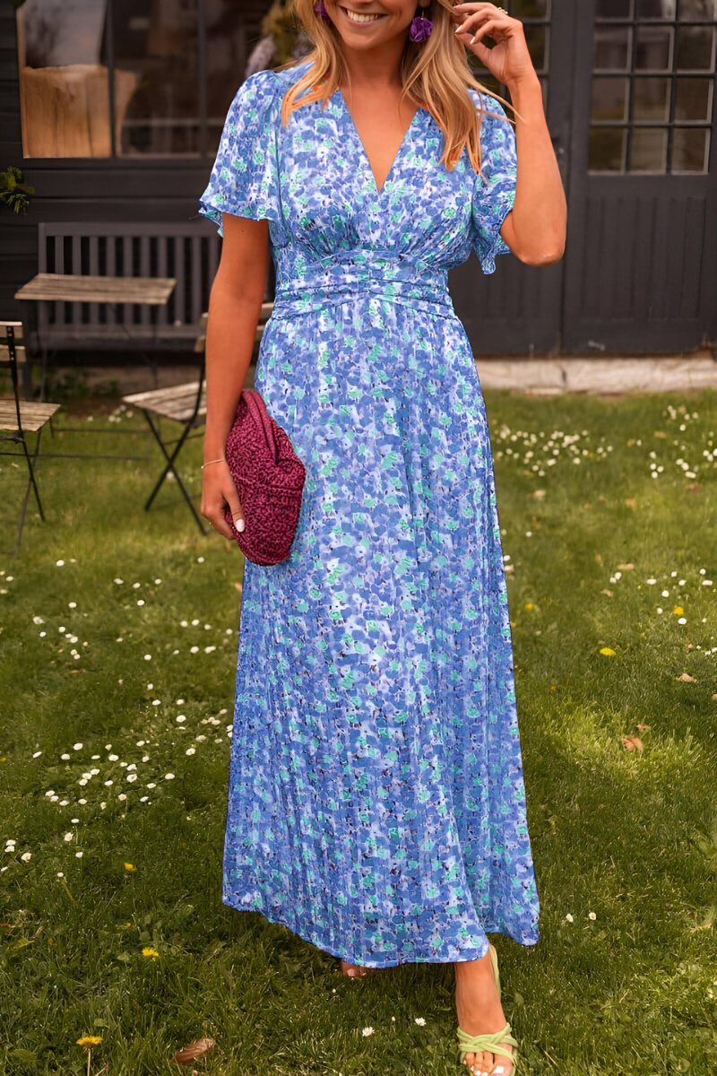 Ava Floral Maxi Dress – V-Neck, Short Sleeve