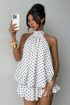 Daisy | Polka Dot Halter Mini Dress - Backless Lace-Up Flared